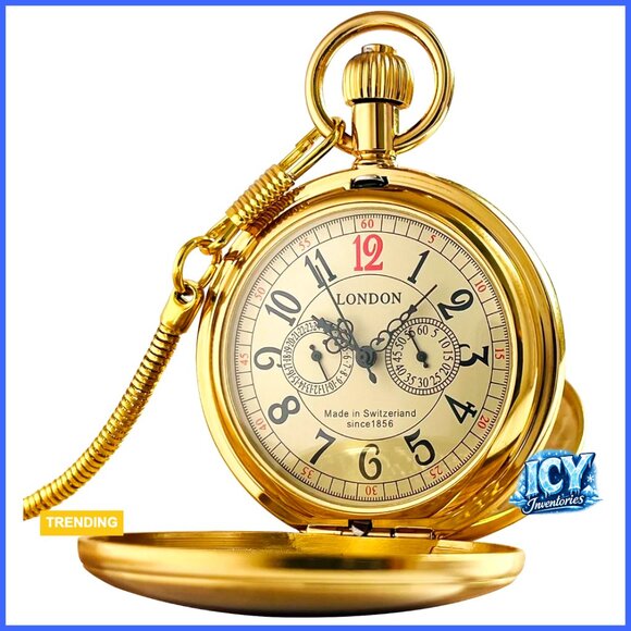 Gold Mechanical Pocket Watch with Chain Wind Up Vintage Men's Women's